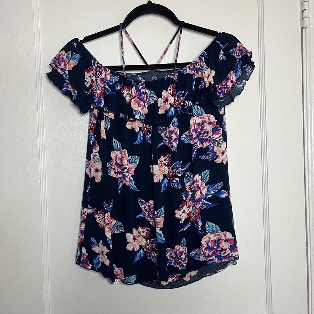 Blue floral flowy crop top with relaxed off shoulder sleeves